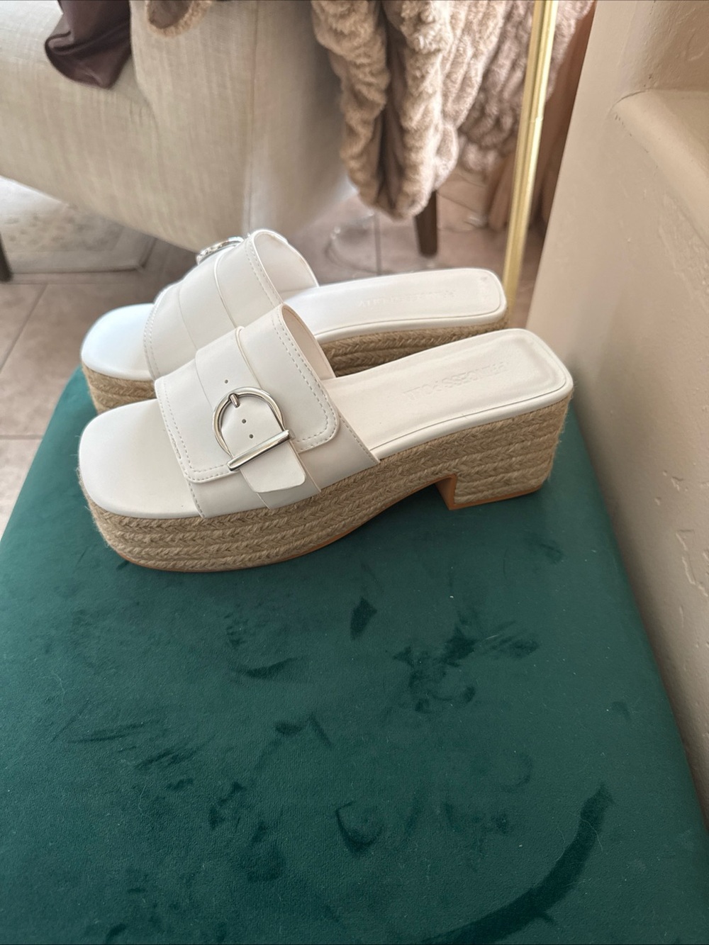 Princess Polly White Woven Jute Platform Slide Sandals with Silver Buckle